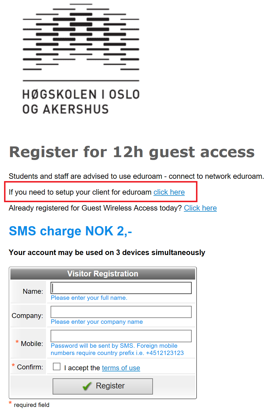 Screenshot: Click on the link If you need to setup your client for eduroam click here