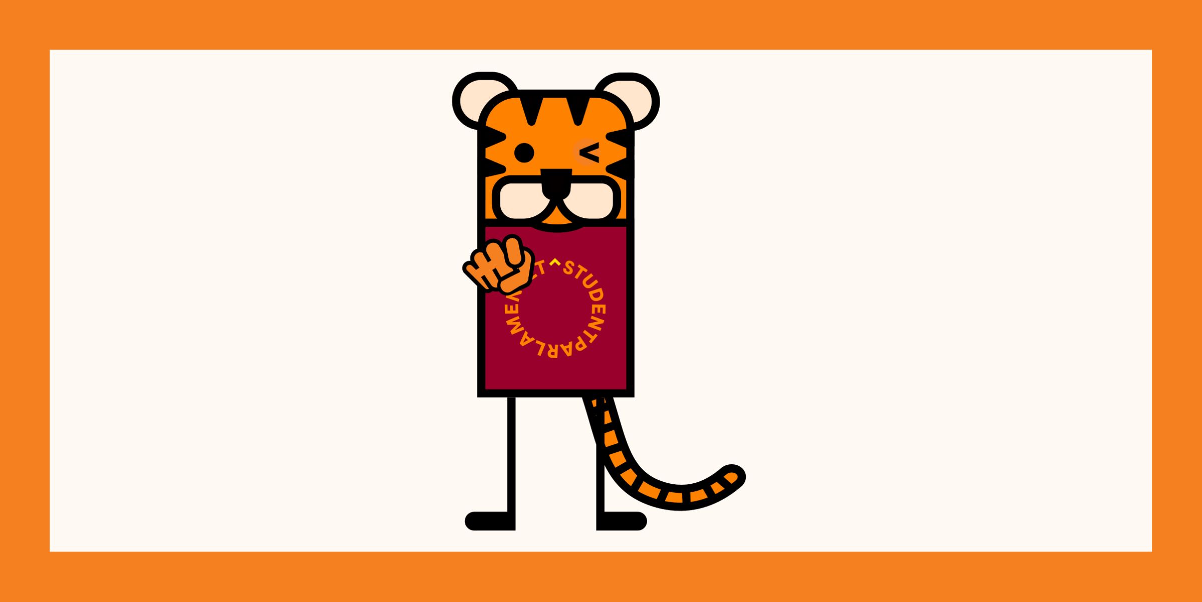 En tiger peker mot deg og blunker. Studentparlamentets maskot