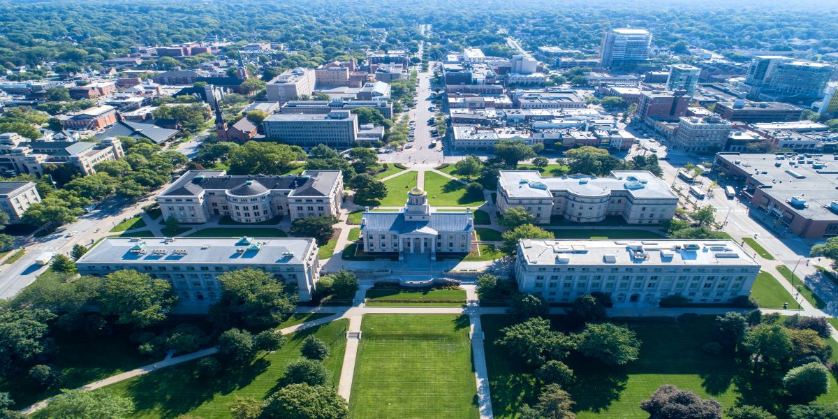 An aerial view of campus Pentracrest in downtown Iowa City